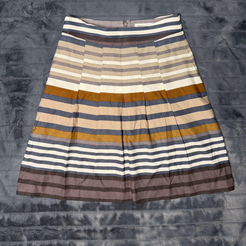 Banana Republic Striped A-Line Skirt Womens 2 Blue Tan Linen Blend Pleated Front